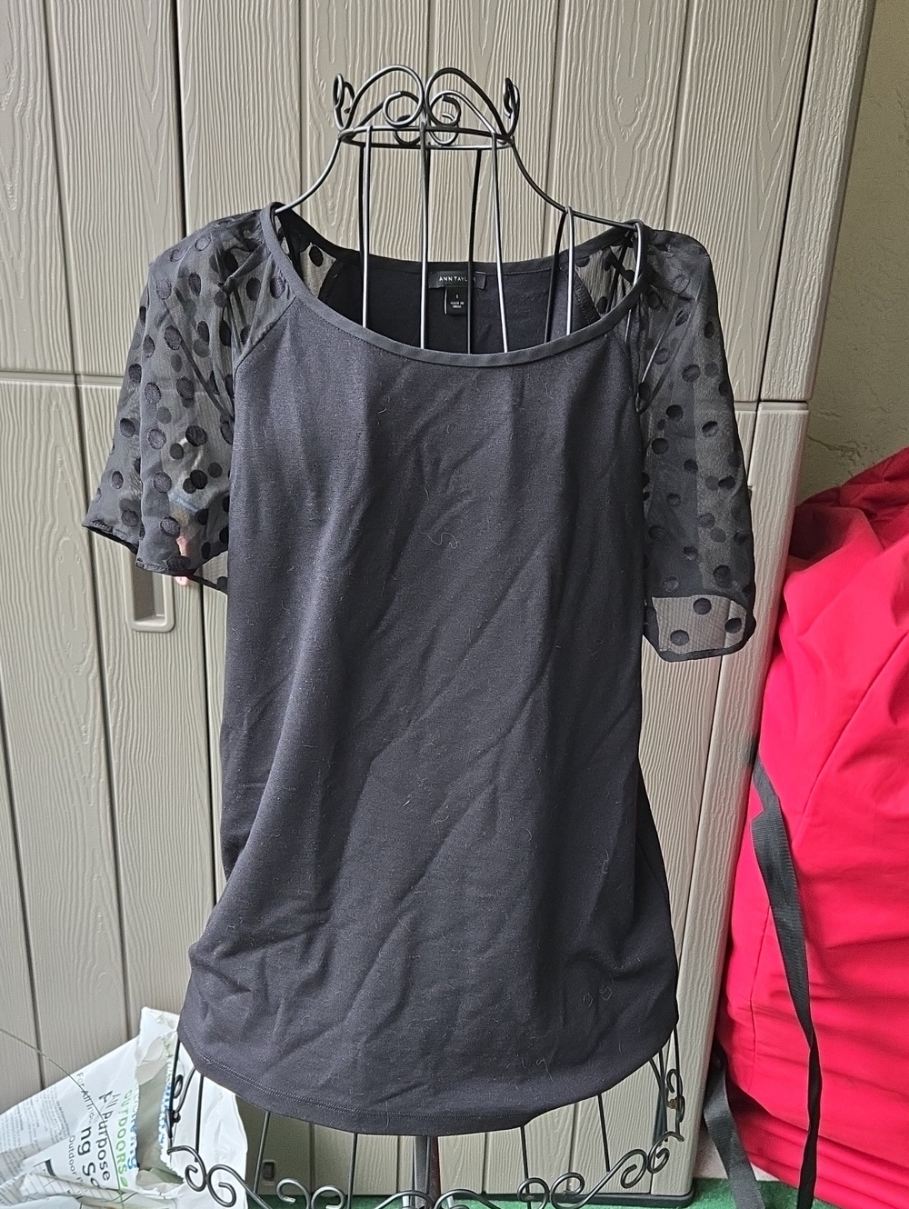 Ann Taylor Black Short Sleeve Top with Sheer Polka Dot Sleeves